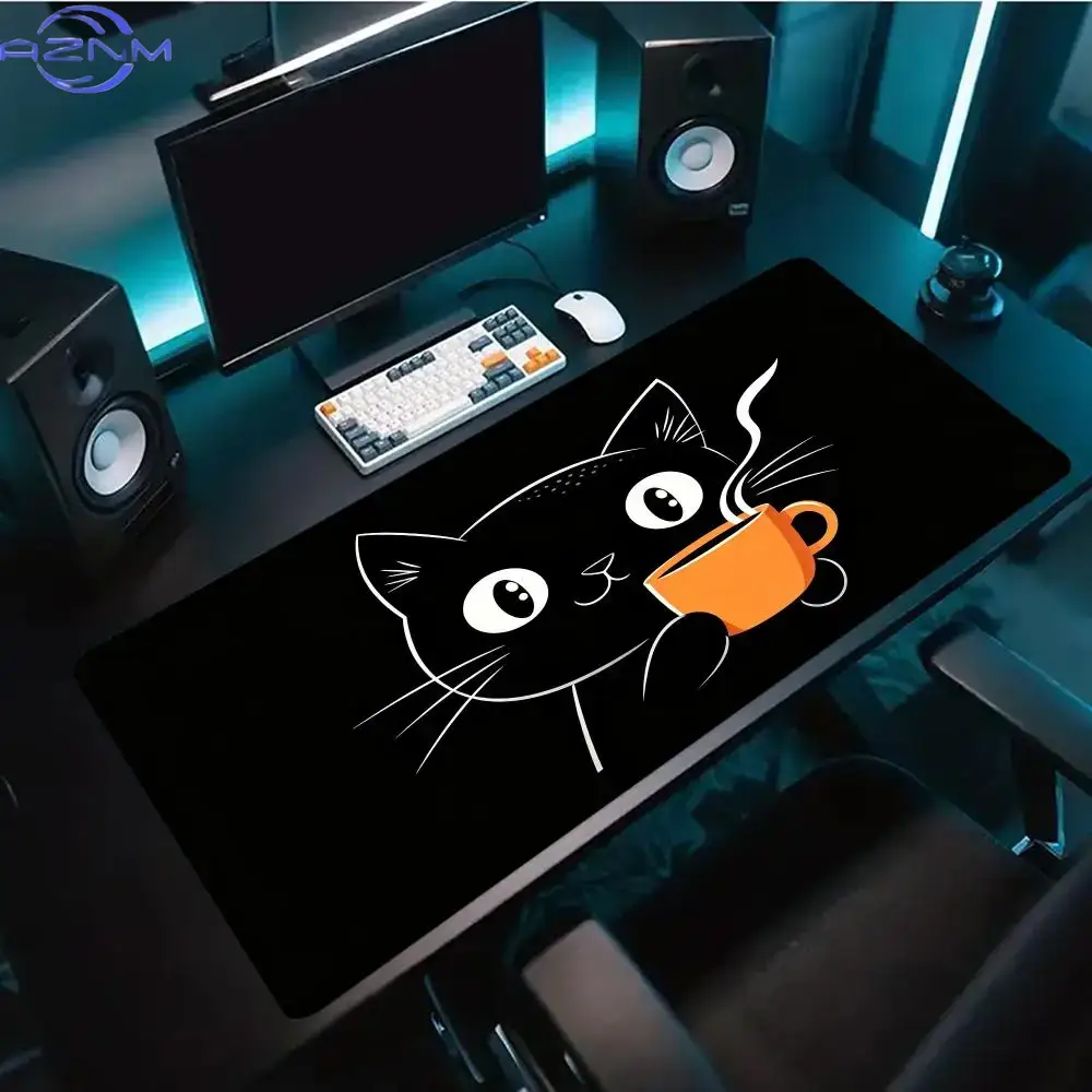 Desk Setup Art - Niedliches Line-Art-Katzen-Mauspad mit Kaffeetasse, großes Gaming-Mauspad,