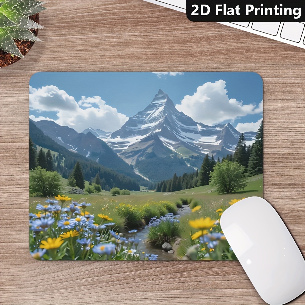 Desk Setup For Office - Gaming-Büro-Mauspad, rutschfest, malerische Berg- und Blumenlandschaft,