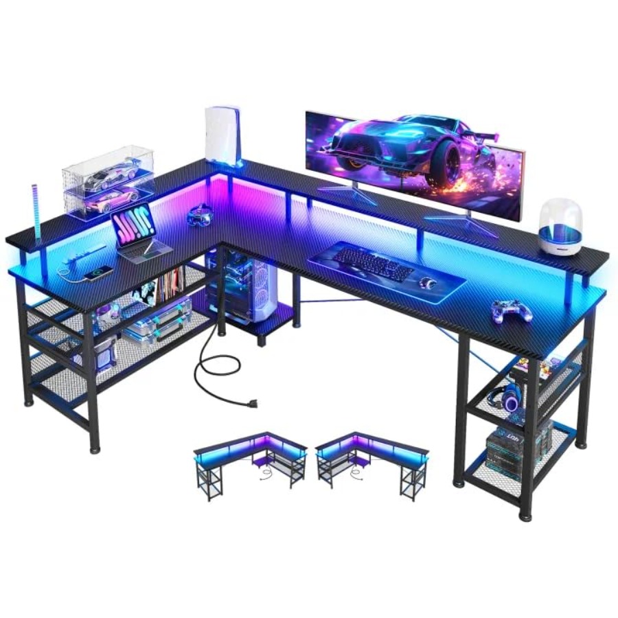 Desk Setup For Office - 66 Großer L-förmiger Gaming-Schreibtisch mit Steckdose
