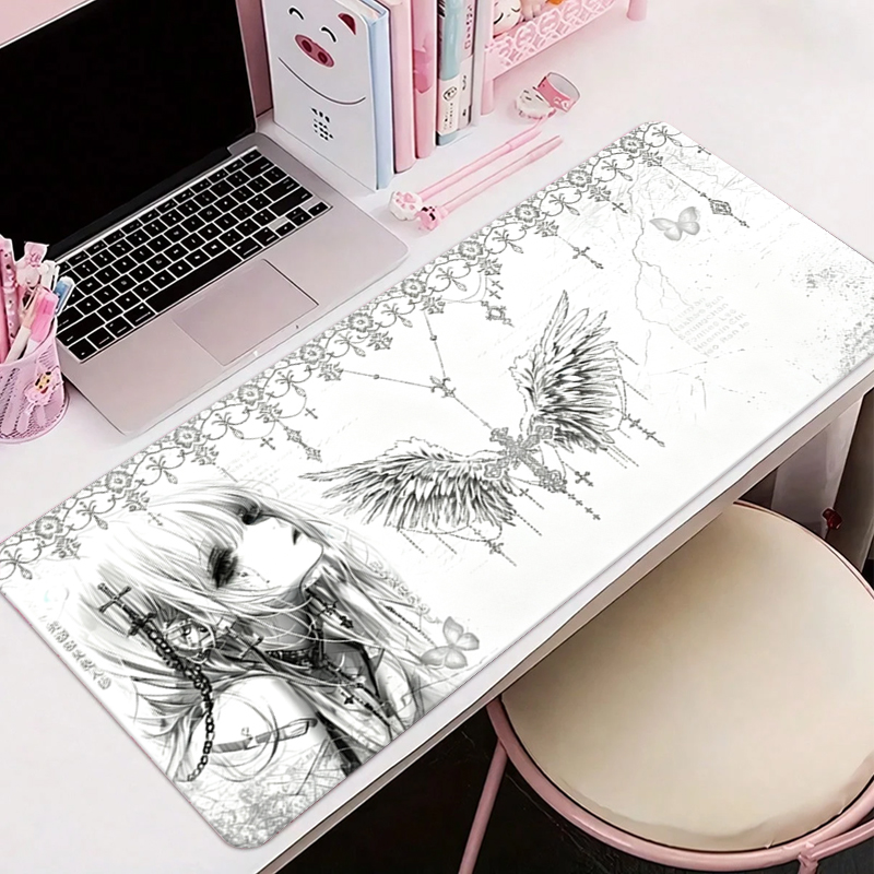 Desk Setup Ergonomic - Leder-Mauspad Schwarz Weiß Anime Ästhetik Engel-Mädchen